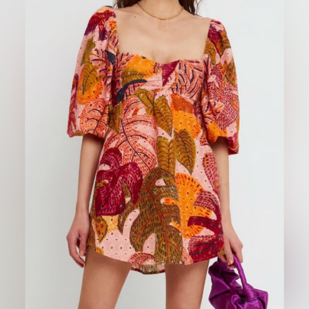 Kourt Robbie Palm Eyelet Puff Sleeve Mini Dress, Sz L
